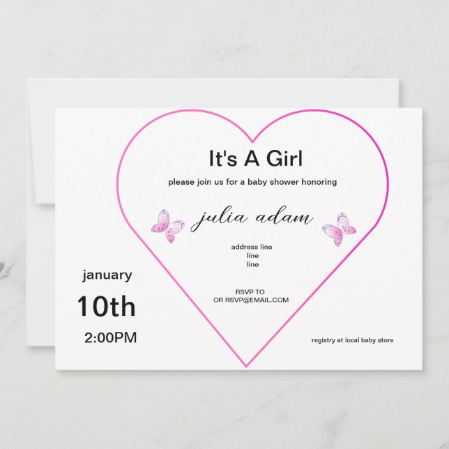 Invitation pour Baby Shower fille Papillon Cœur Ro (Devant)