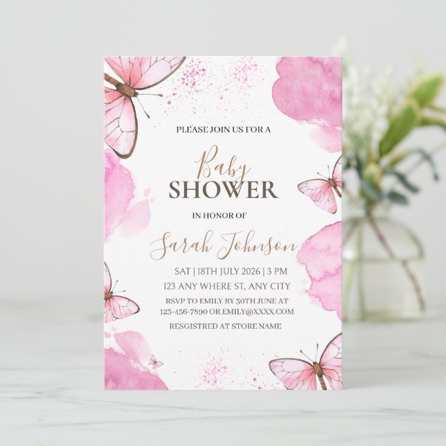 Invitation pour Baby Shower Fille Papillon Rose  (Debout devant)