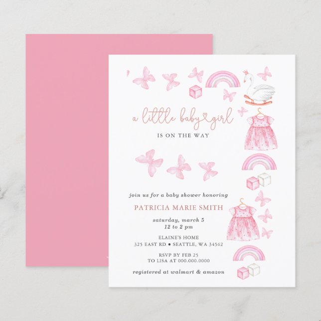 Invitation pour Baby Shower Fille Papillon Rose Pa (Devant / Derrière)