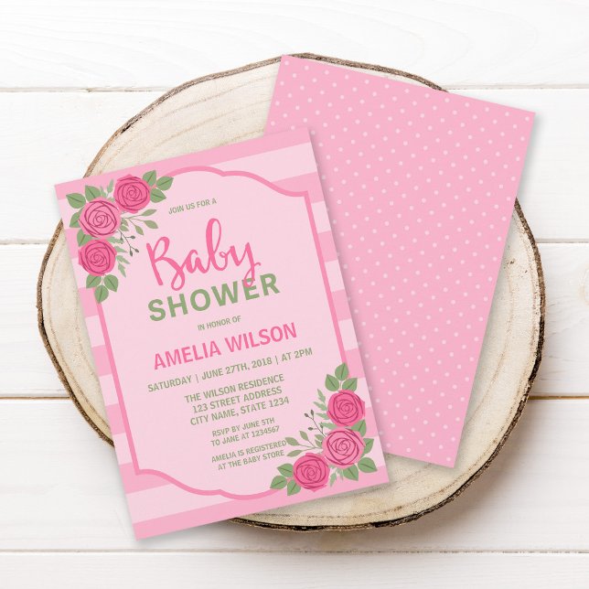 Invitation pour Baby Shower Fille Rose et Rayures  (Créateur téléchargé)