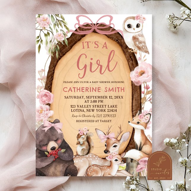 Invitation pour Baby Shower Fille Rose Forêt Anima (Créateur téléchargé)