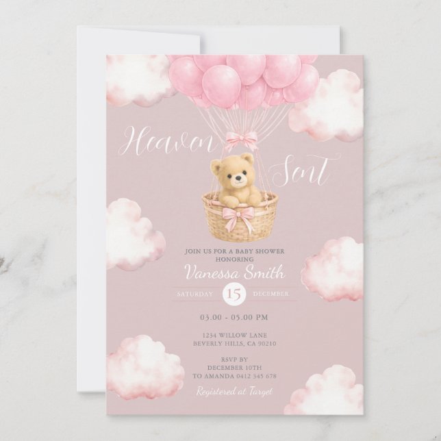 Invitation pour Baby Shower Fille Rose Ours Ciel E (Devant)