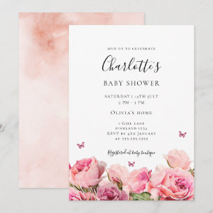 Invitation pour Baby Shower Fille Rose Rose Papill