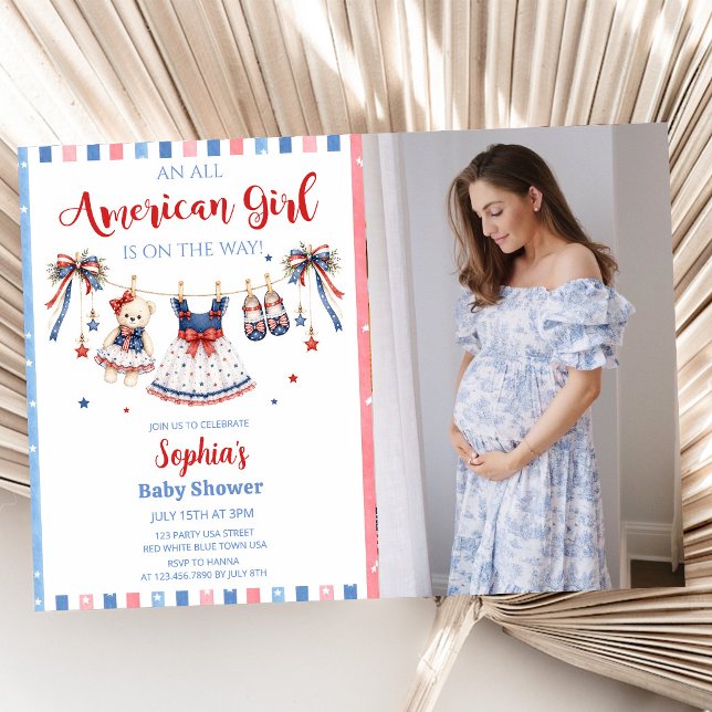 Invitation pour Baby Shower Fille Rouge Blanc & Bl (Créateur téléchargé)