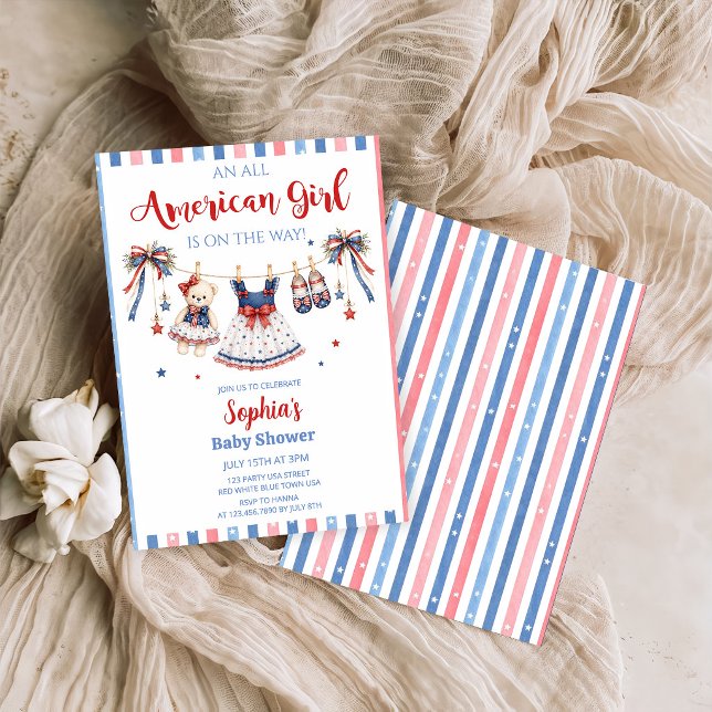 Invitation pour Baby Shower Fille Rouge Blanc & Bl (Créateur téléchargé)