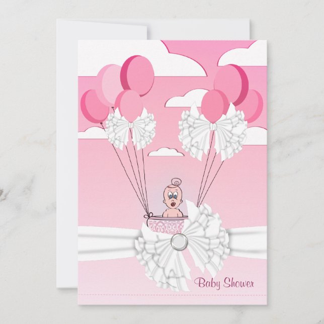 Invitation pour Baby Shower Fille Ruban Blanc Rose (Devant)