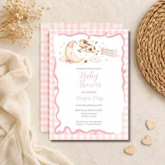 Invitation pour Baby Shower Fille Vache Gingham Ro (Pink Gingham Cow Moon Baby Shower Invitation)