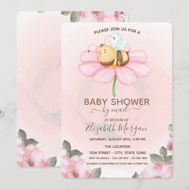 Invitation pour Baby Shower Fleur Bébé Abeille (Devant / Derrière)