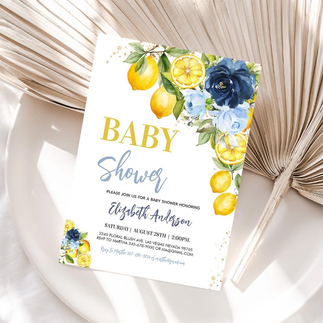 Invitation pour Baby Shower Fleur Citron Bleu Mari (Créateur téléchargé)