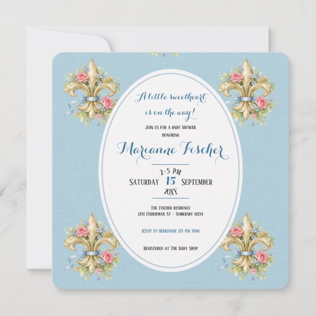Invitation pour baby shower Fleur de Lys bleu chér (Devant)