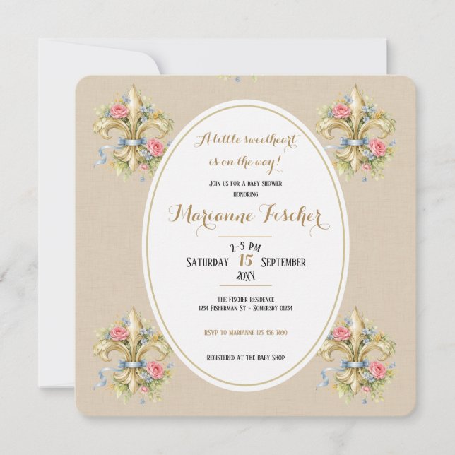 Invitation pour baby shower Fleur de Lys neutre Ch (Devant)