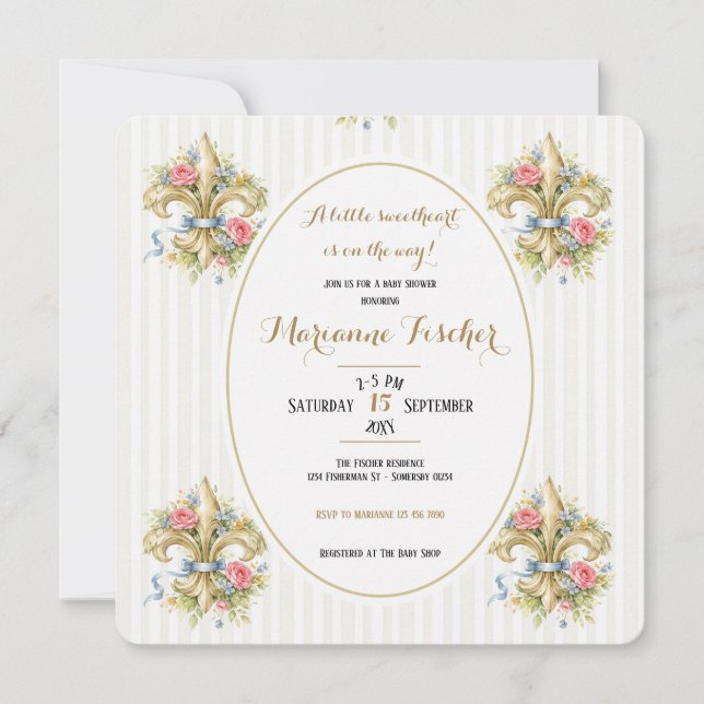 Invitation pour baby shower Fleur de Lys neutre Ch (Devant)
