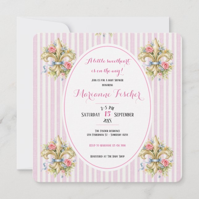 Invitation pour baby shower Fleur de Lys rose chér (Devant)