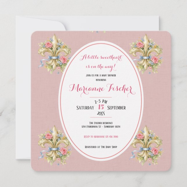 Invitation pour baby shower Fleur de Lys rose chér (Devant)
