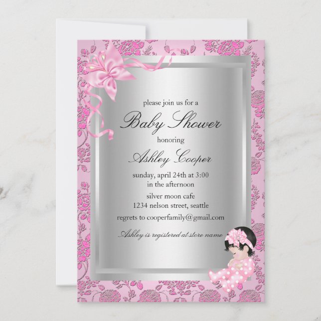 Invitation pour Baby Shower Fleur Rose Rose (Devant)