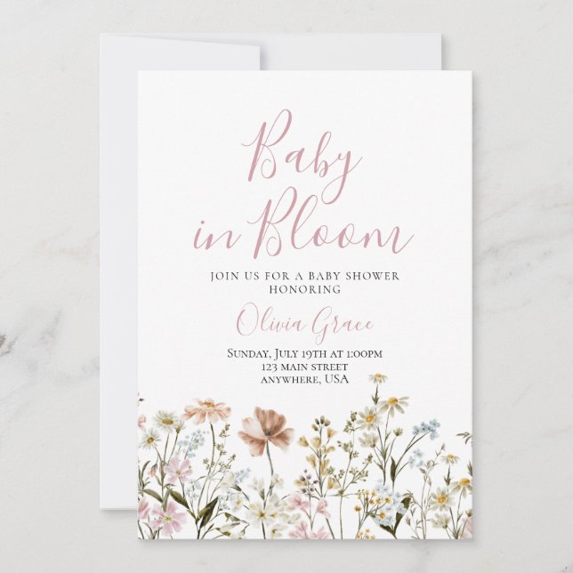 Invitation pour baby shower Fleur sauvage bébé en  (Devant)