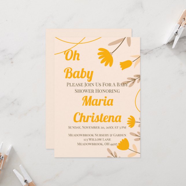 Invitation pour Baby Shower Fleur Sauvage Peche (Devant/Arrière en situation)