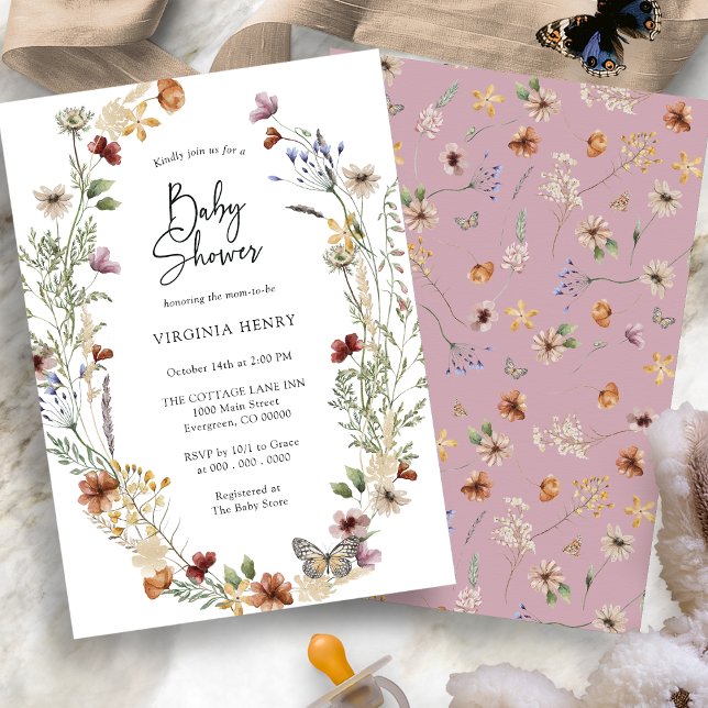 Invitation pour Baby Shower Fleur Sauvage Rose (Dusty Pink Boho Wildflower Baby Shower Invitation with Butterfly by Painted Paperie
)