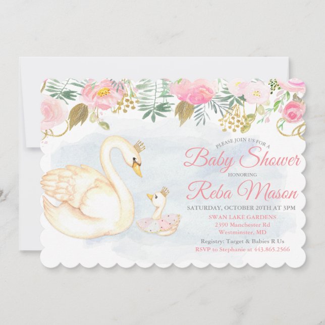 Invitation pour Baby Shower Fleurie avec Cygne (Devant)
