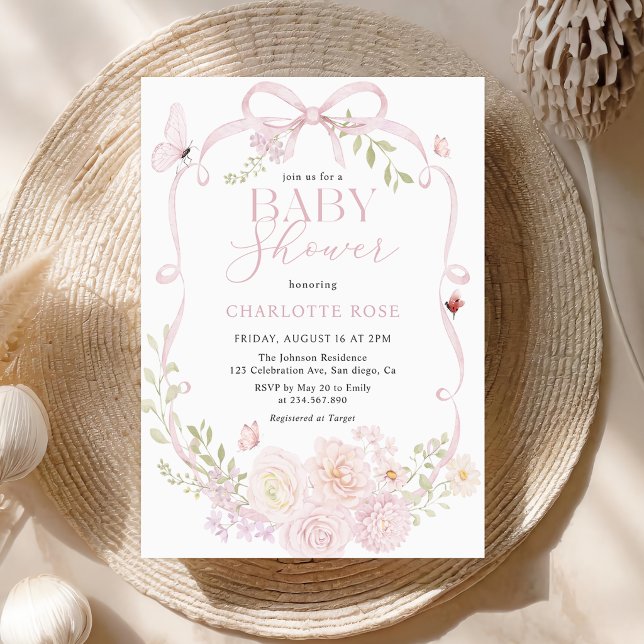 Invitation pour Baby Shower Fleurie avec Ruban Ros (Créateur téléchargé)