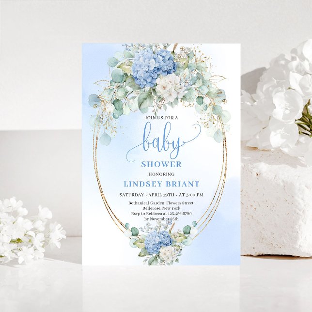 Invitation pour Baby Shower Fleurie Hydrangea Bleu (Sweet Blue Hydrangea Floral Baby Shower Invitation)
