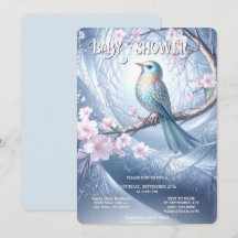 Invitation pour Baby Shower Fleurie Oiseau Bleu