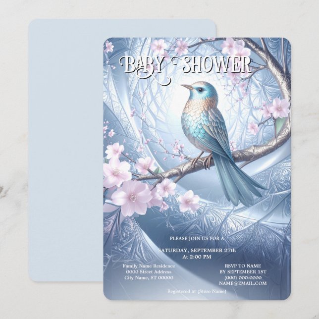 Invitation pour Baby Shower Fleurie Oiseau Bleu (Devant / Derrière)