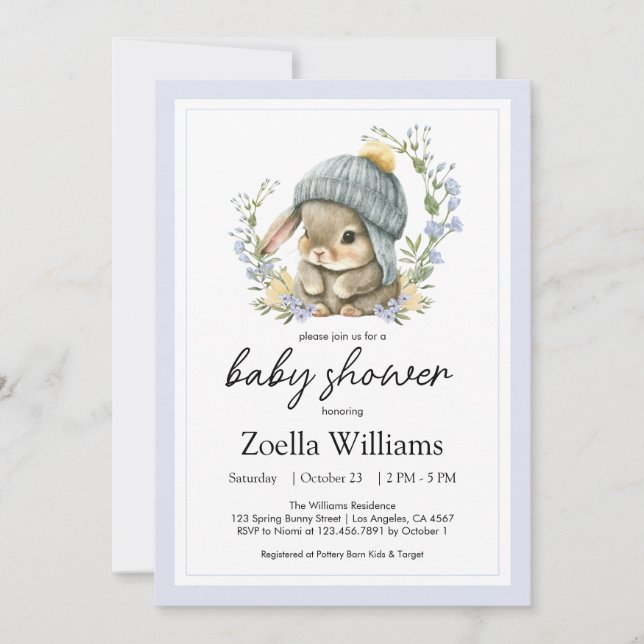 Invitation pour Baby Shower Fleurie Petit Lapin (Devant)