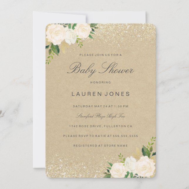 Invitation pour Baby Shower Fleurie Rustique Rose  (Devant)