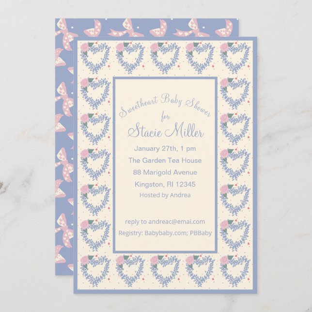 Invitation pour Baby Shower Fleurs Bleues Cœurs et (Devant / Derrière)