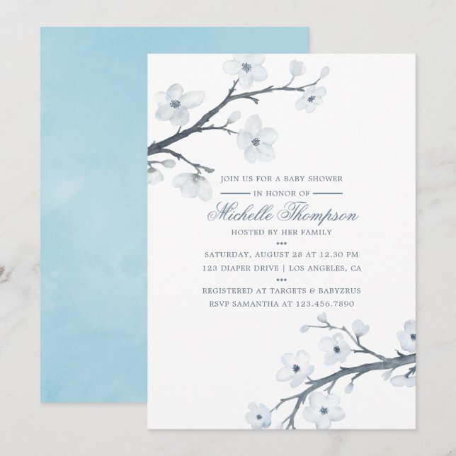 Invitation pour Baby Shower Fleurs de Cerisier (Devant / Derrière)