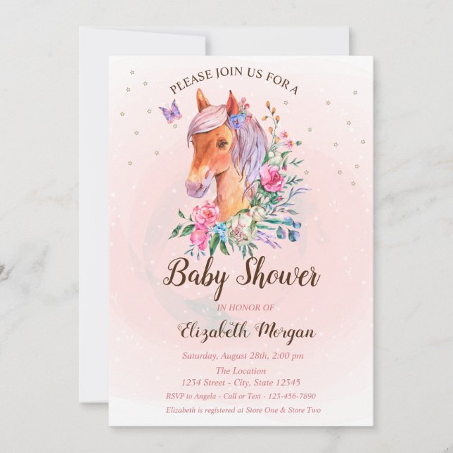 Invitation pour Baby Shower Fleurs de Poney Étoile (Devant)