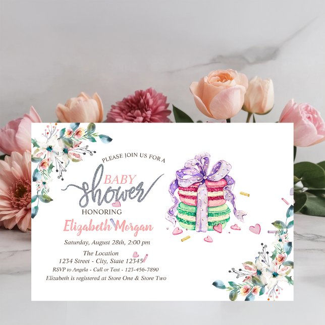Invitation pour Baby Shower Fleurs Macarons França (Créateur téléchargé)