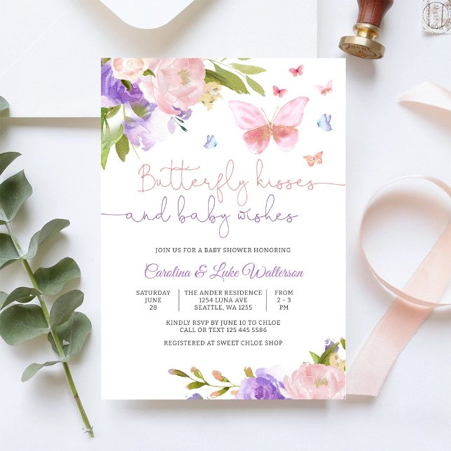 Invitation pour Baby Shower Fleurs Papillon (Créateur téléchargé)