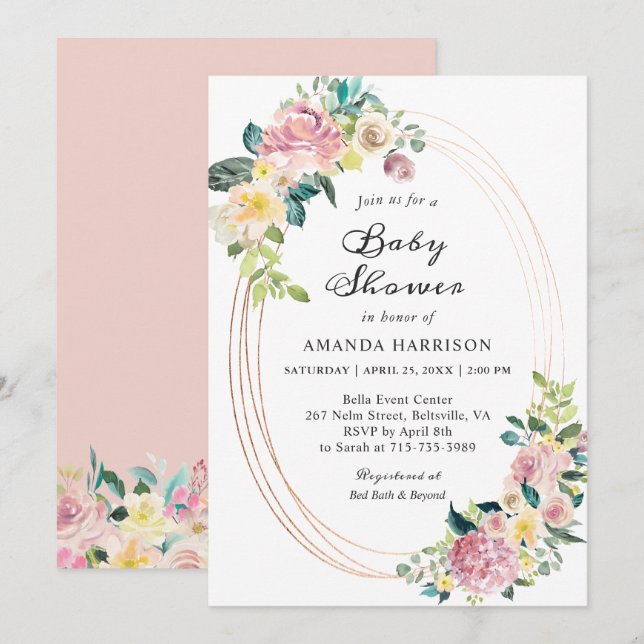 Invitation pour Baby Shower Fleurs Rose Pâle (Devant / Derrière)