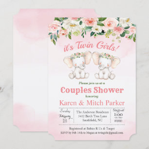 Invitation pour Baby Shower Floral Éléphant JUMEAU