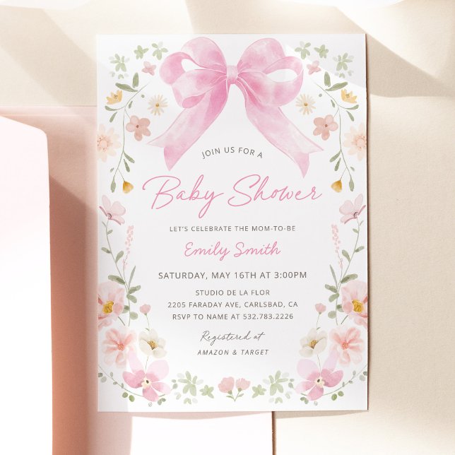 Invitation pour Baby Shower Florale avec Ruban Ros (Pink Bow Floral Baby Shower Invitation, Blush Pink Baby Girl Shower Invite, Watercolor Flowers)