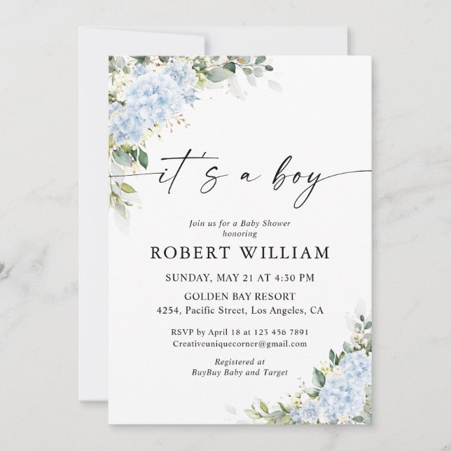 Invitation pour Baby Shower Florale Hydrange Bleue (Devant)
