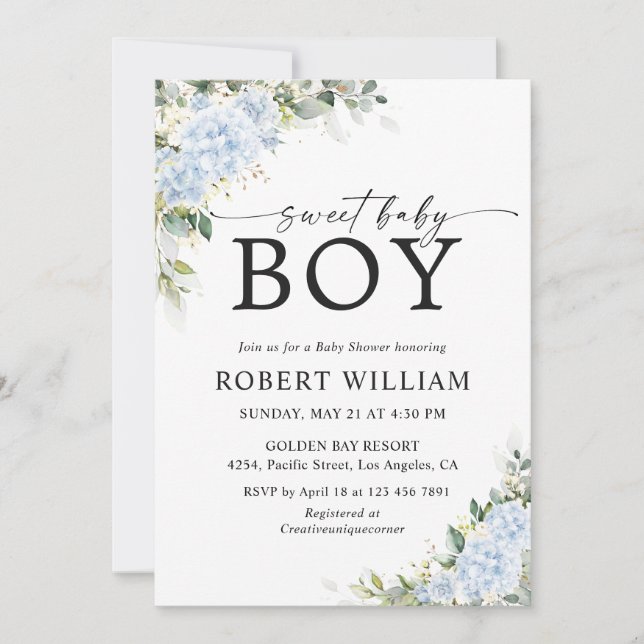 Invitation pour Baby Shower Florale Hydrangea Bleu (Devant)