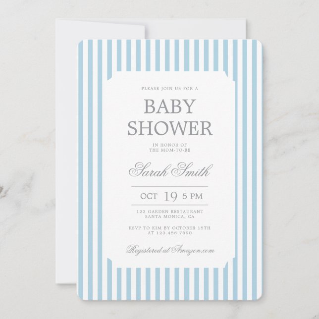 Invitation pour Baby Shower Garçon à Rayures Bleue (Devant)