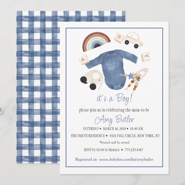 Invitation pour Baby Shower garçon avec carreaux b (Devant / Derrière)