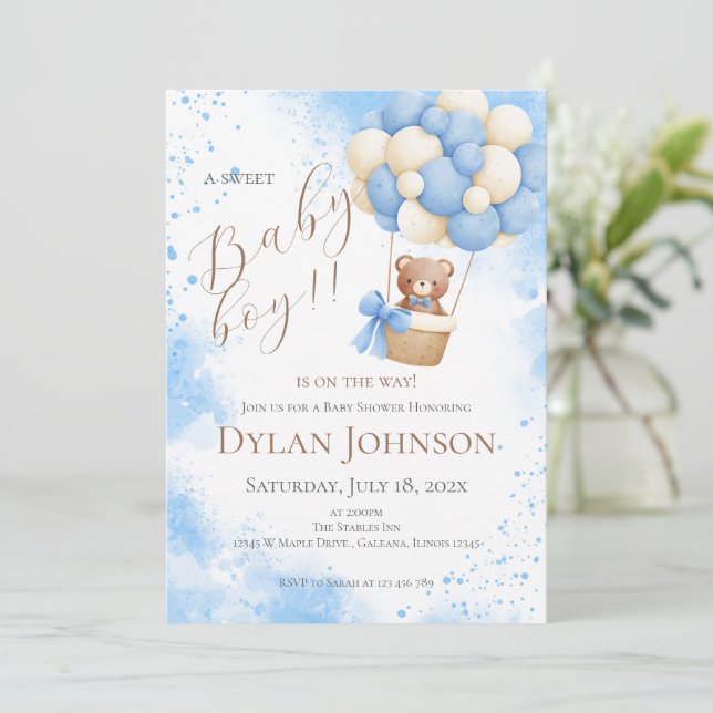 Invitation pour Baby Shower Garçon avec un Teddy (Debout devant)