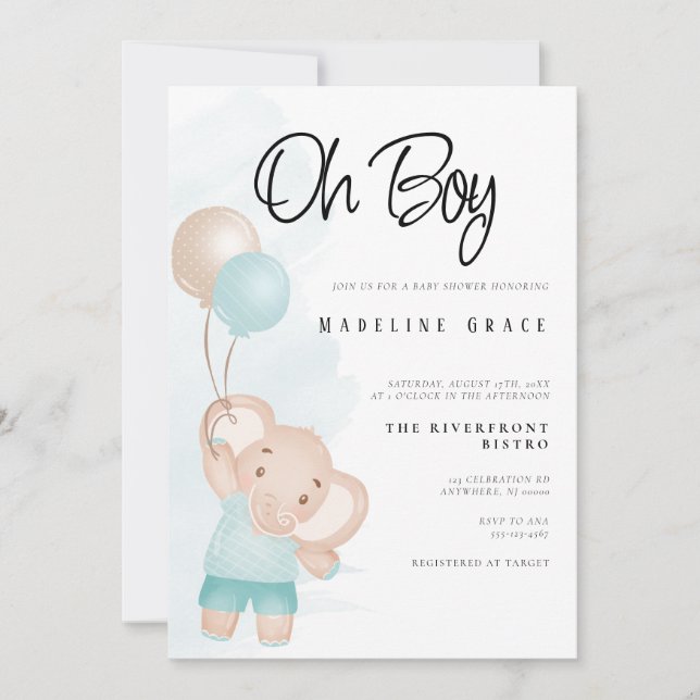 Invitation pour Baby Shower Garçon Éléphant (Devant)