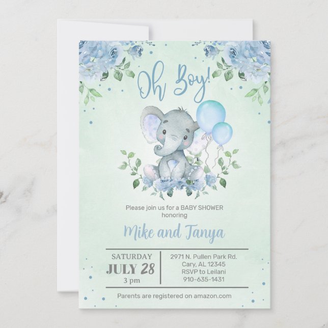 Invitation pour Baby Shower garçon éléphant & ball (Devant)