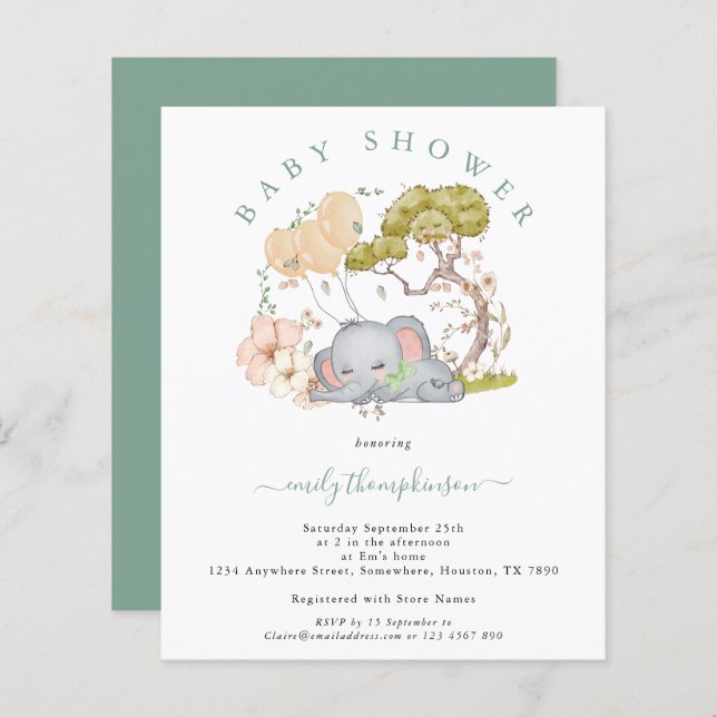 Invitation pour Baby Shower "Garçon éléphant sage  (Devant / Derrière)