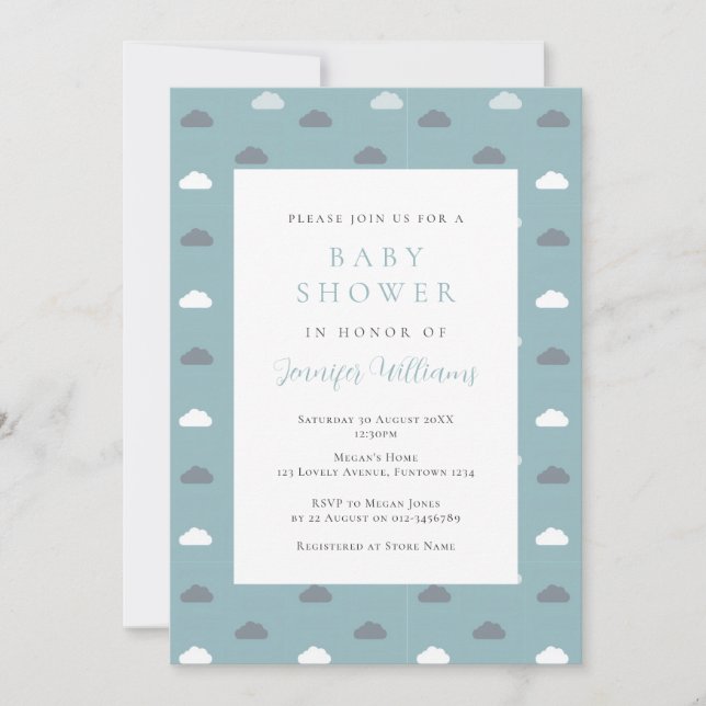 Invitation pour Baby Shower Garçon Nuages Bleus (Devant)