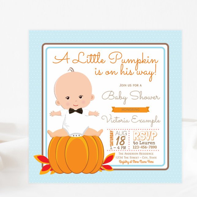 Invitation pour Baby Shower Garçon Petit Citrouill (Cute little pumpkin baby shower invitation with adorable baby boy. Simply add your event details.)