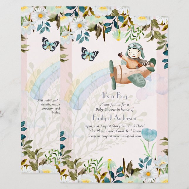 Invitation pour Baby Shower Garçon Pilote d'Avion  (Devant / Derrière)