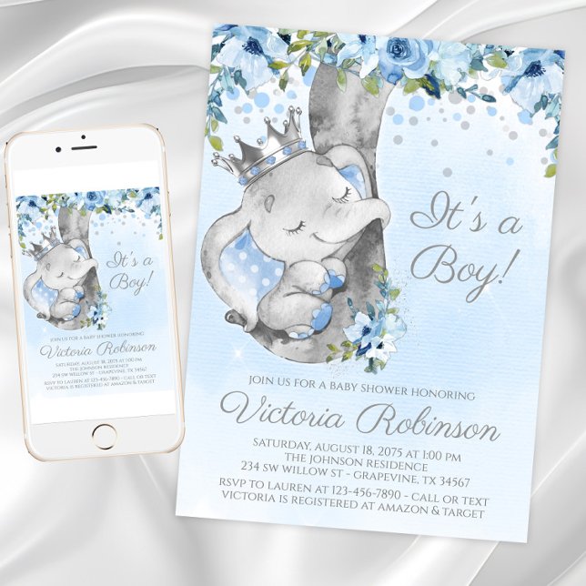Invitation pour Baby Shower Garçon Prince Éléphant (Elephant prince baby shower invitation. Instant download and printed invitations available.)