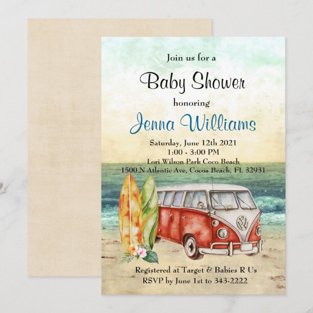 Invitation pour Baby Shower Garçon surfer sur la p (Devant / Derrière)
